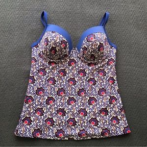 NWOT Boden Swim Top Tank Top Tankini Peacock Blue Cute Print 38C Structured Cups